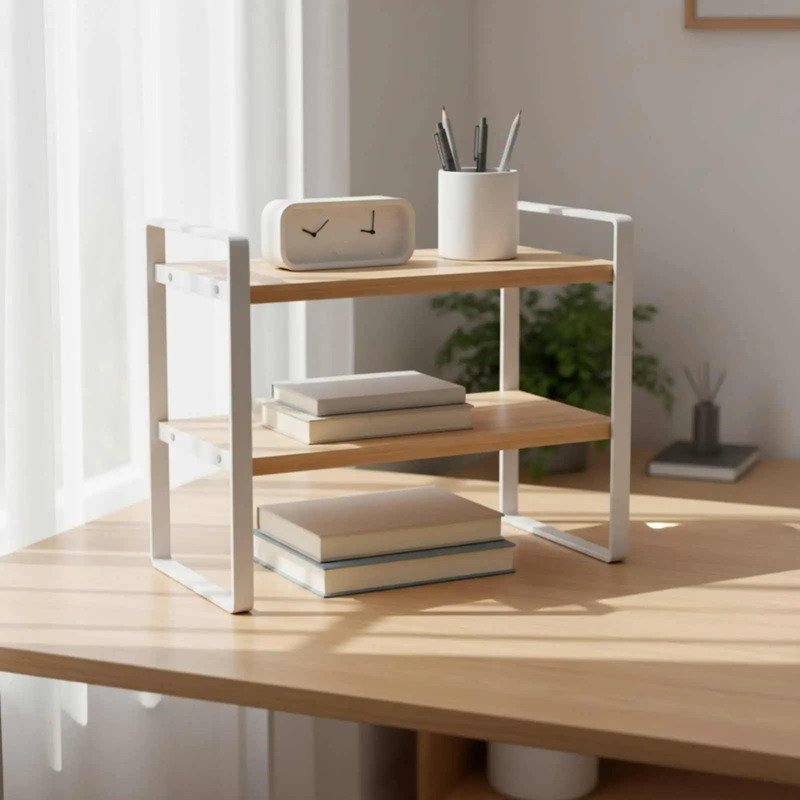 Desktop Shelf Organizer Wooden Iron Storage Shelf Rack Desk Bookcase Display Stand for Home Office Dorm Room