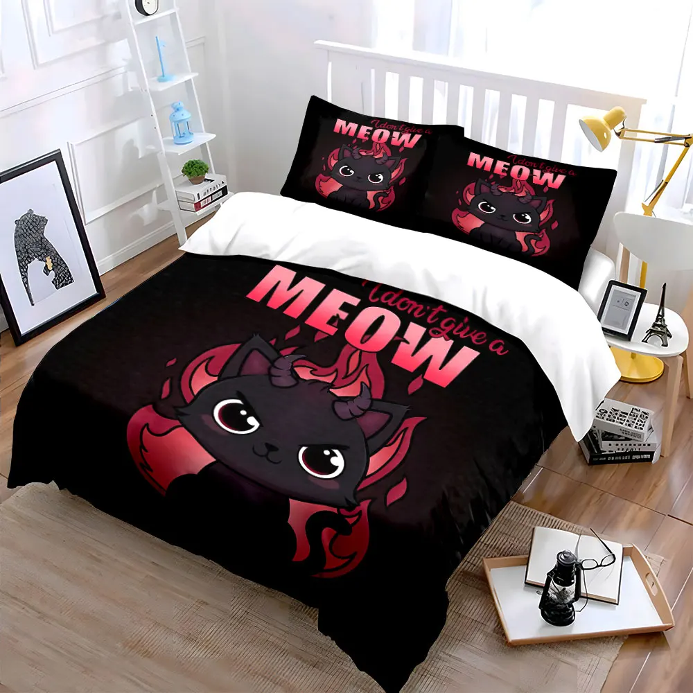 3Pcs Devil Black Cat Red Flame Duvet Cover Set, Funny Quote Meow Gothic Kids Bedding Single Double King Queen, Gift