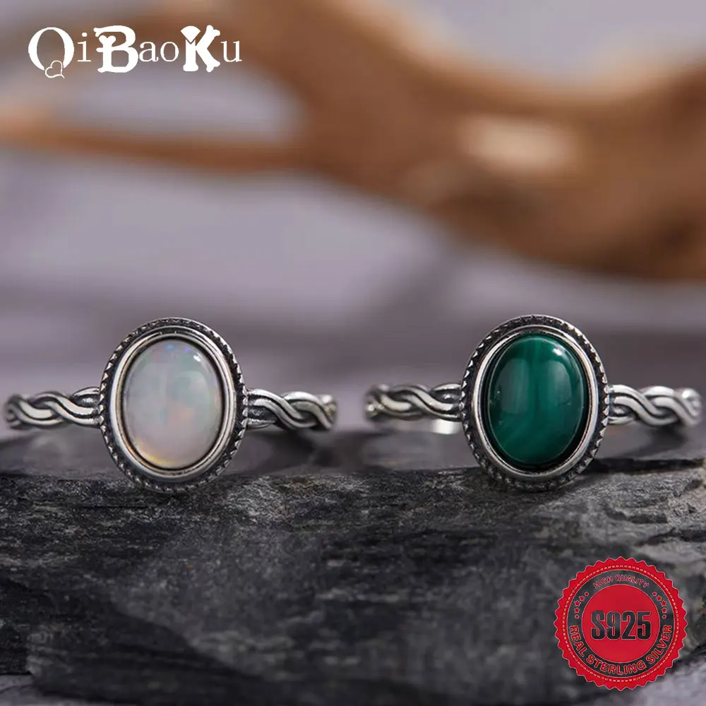 

Adjustable S925 Sterling Silver Natural Malachite Opal Ring Retro Marcasite Boutique Women