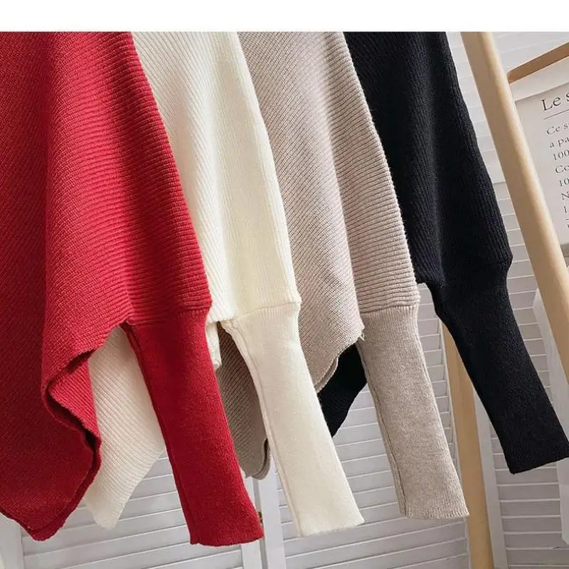 2024 Autumn Winter Women Fashion Irregular Loose Knit Sweater Vintage High Neck Long Sleeve Female Pullovers Chic Tops