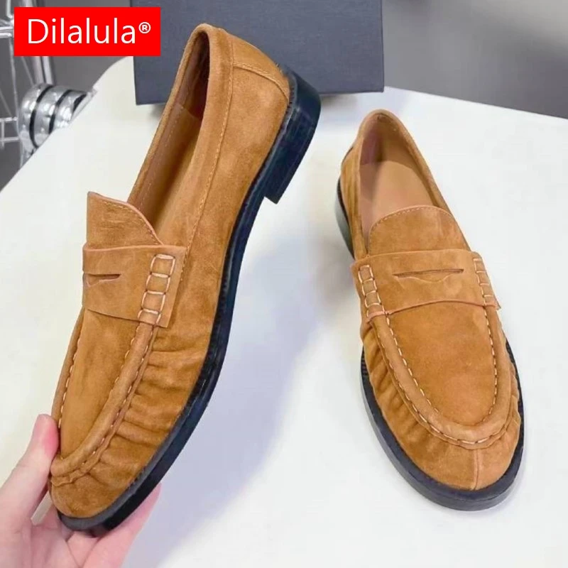 

Dilalula 2026 Plus Size 34-42 Cow Suede women's Pleated Loafers Low Heels Slip On Classic Pumps Women British Style Casual Shoes