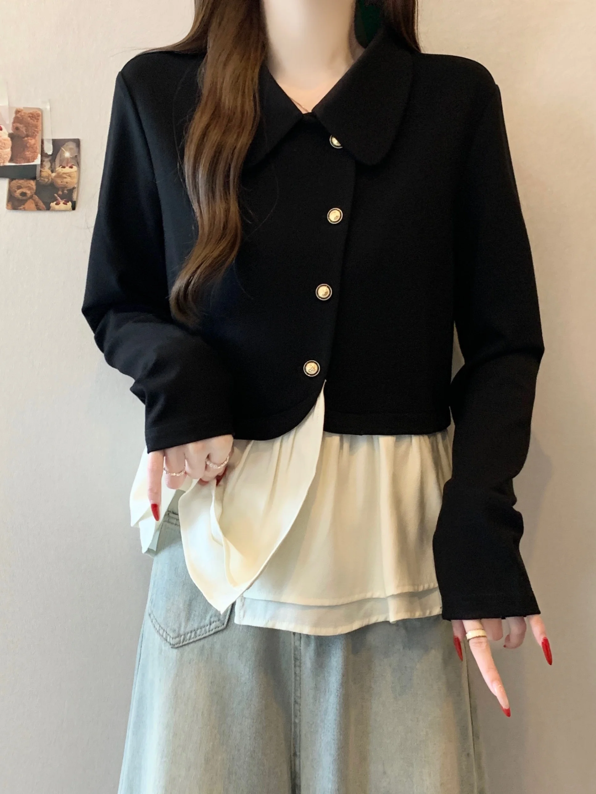 

French Sle Long Sve irt Women's plus Size Conceal Belly Holed Top Spring 2026 Seasonal Faion plus Size Blouse