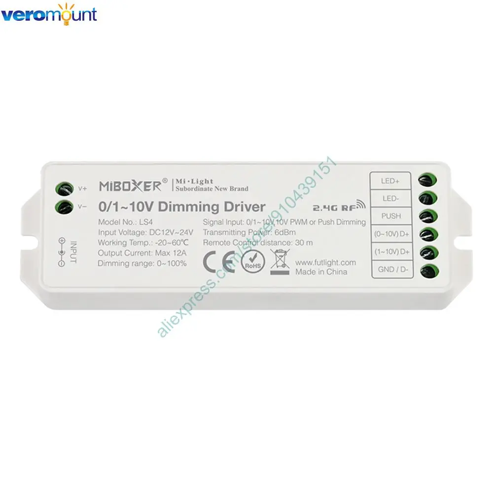 MiBoxer LS4 DC12V 24V 12A 0/1~10V PWM or Push Dimming Signal LED Dimming Driver for 5050 3528 Single Color LED Strip Light