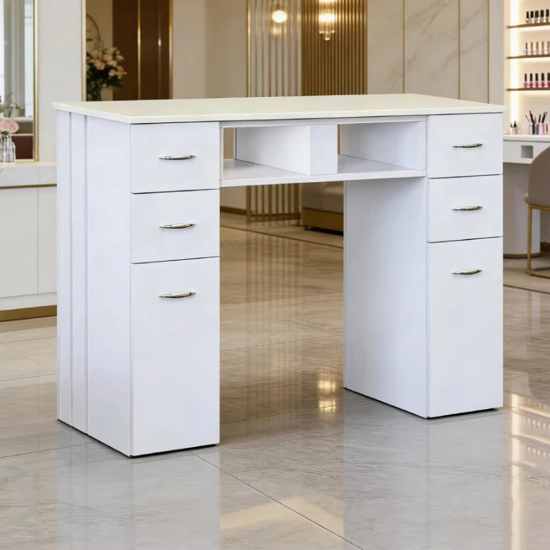 Modern large manicure table with exhaust fan and dust collector, wood marble countertop, suitable for salon manicures