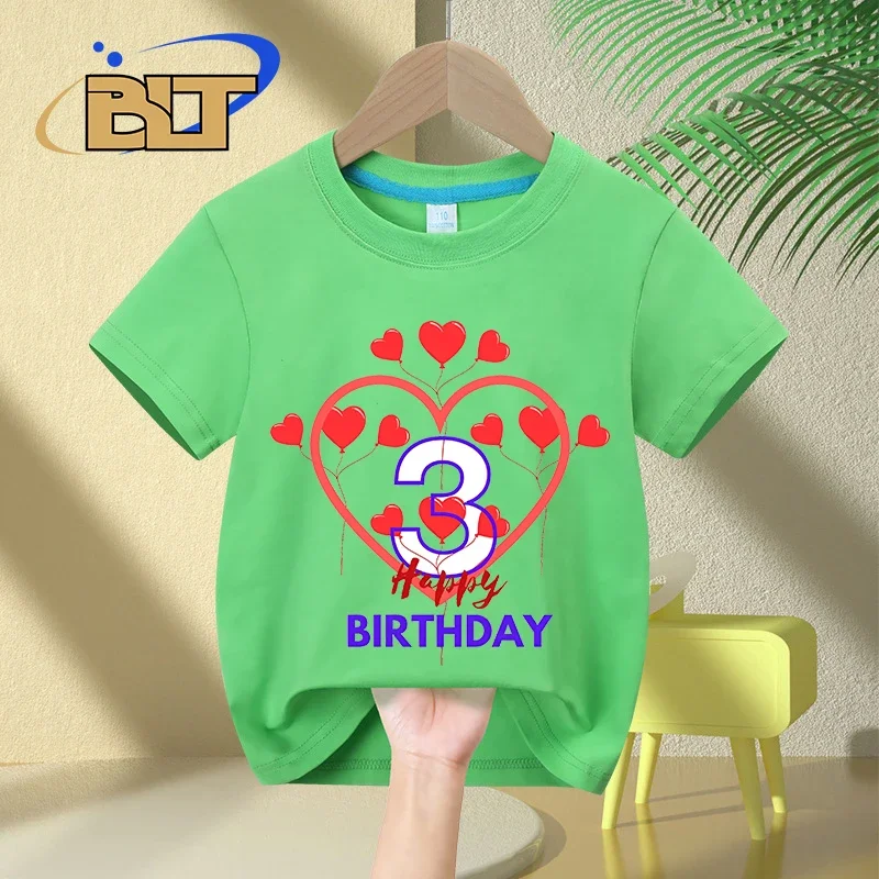 T-shirt estampada para festa de aniversário infantil, camiseta infantil de algodão de manga curta, adequada para meninos e meninas, verão