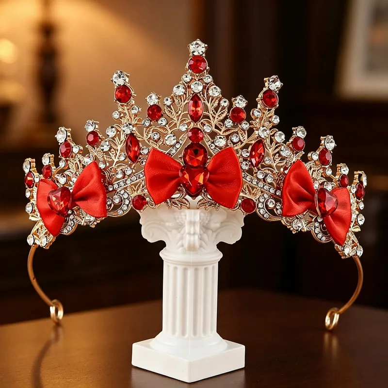 2026 Princess cute luxury Crystal Crown girls Party Wedding pink crown kids bow Hair Headband red fairy crown  Gift - view 4