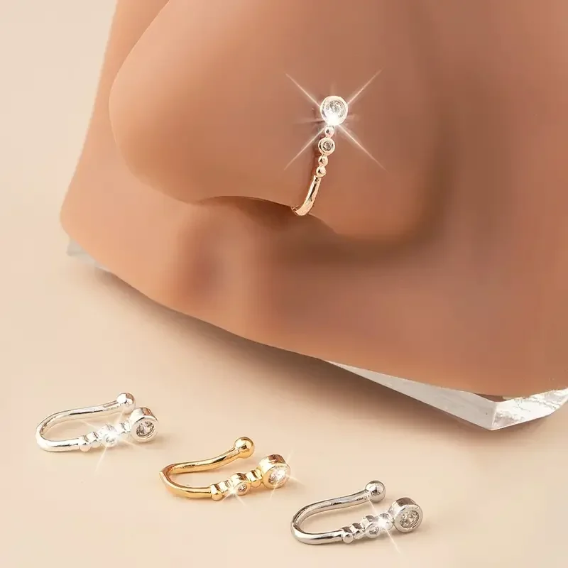 Fashion U-Shape Non-Piercing Nose Ring Simplistic Hip Hop Style Inlaid Cubic Zirconia Fake Nose Clip Body Piercing Jewelry