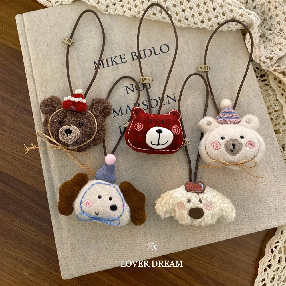Korean ins cartoon plush bear puppy doll pendant female, cute keychain car bag pendant