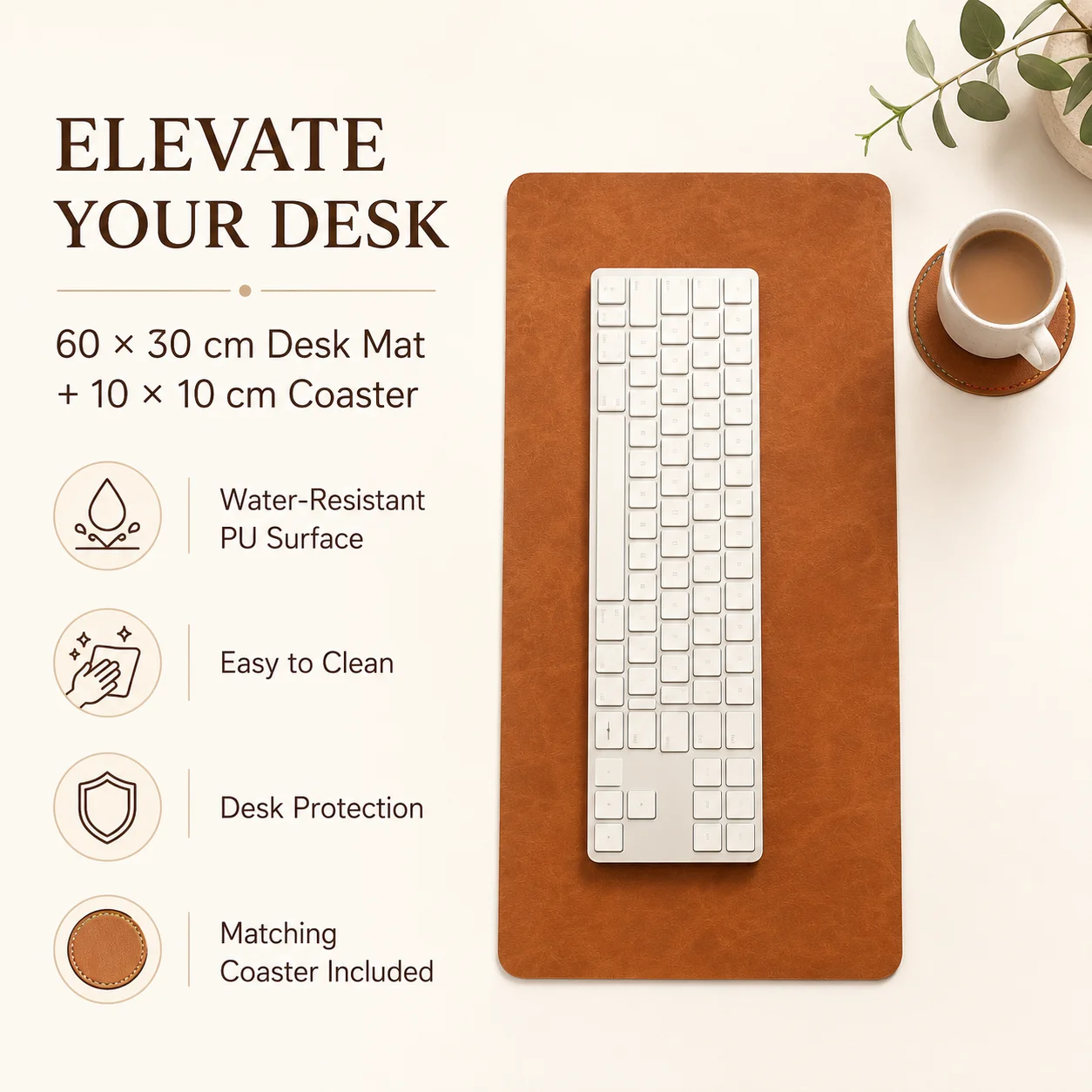 Premium PU leather keyboard and mouse pad cup coaster set, waterproof and heat-resistant desk mat, comes with matching coasters,