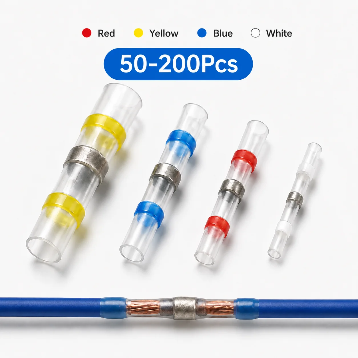 Solder Seal Wire Connectors 50/100/200PCS Waterproof Heat Shrink Butt Splice Electrical Cable Connector Automotive Marine