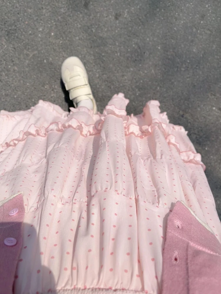 

2025 Summer Sweet Pink Polka Dot Skirt Women's New Warm Elegant Elastic Waist Long Skirts Korean Fashion Casual Loose Outfits