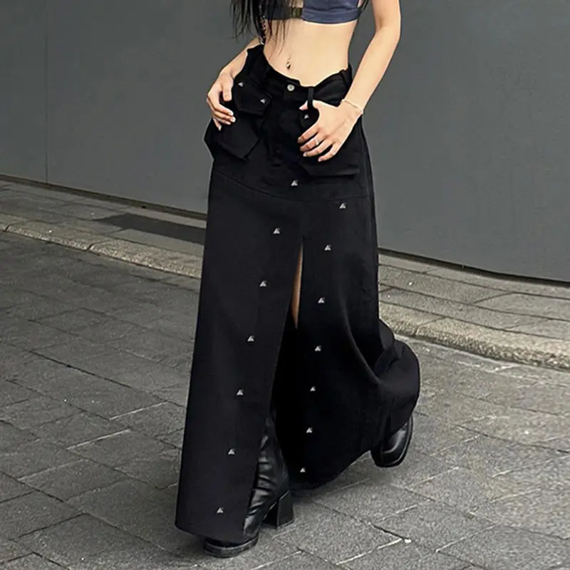 Line Maxi Skirts High Quality Gothic Pockets Rivet Split Skirt Dark Solid Mid-Waisted A-Women 2024 Fashion Streetwear Skirt