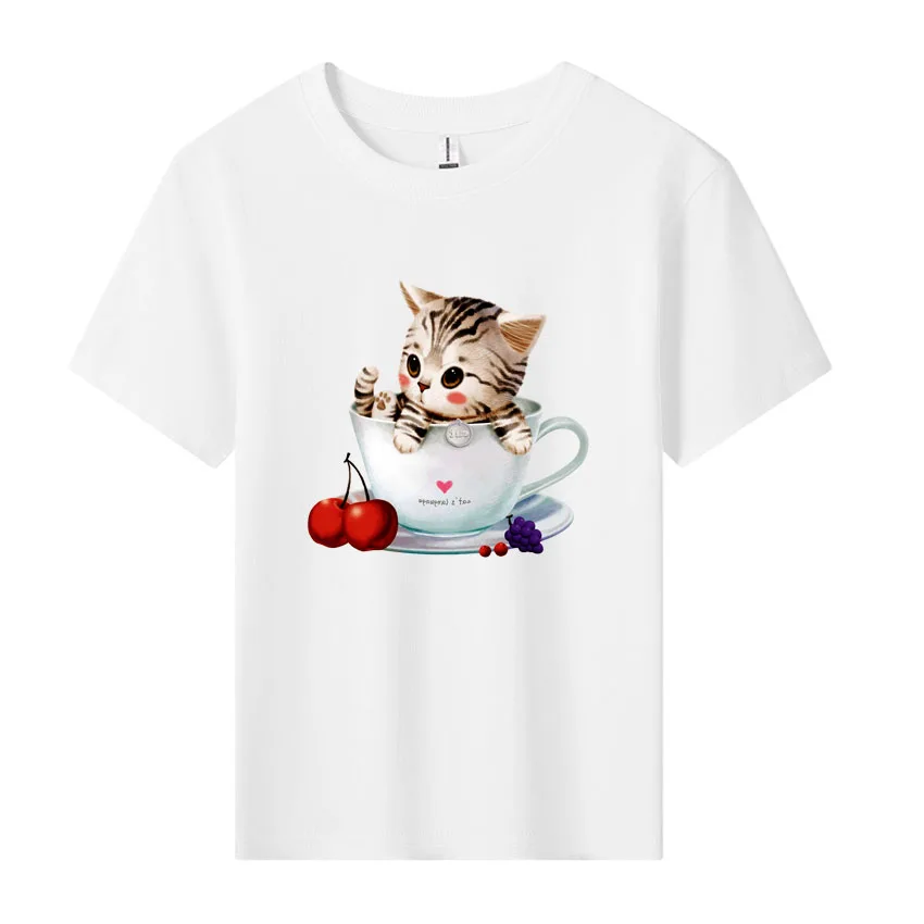 Fashion Funny Cat Pattern Printing T-shirt Girls O-neck Bottoming Shirt Simple Cute Short Sleeve Boy Tops Children Tee