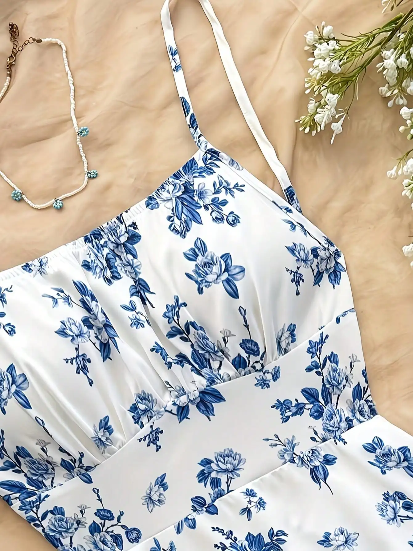 Teenager-Blumenprint-Trägerkleid mit Taillenbund und zum Binden, Minirocklänge, Kinderbekleidung – Detail 7