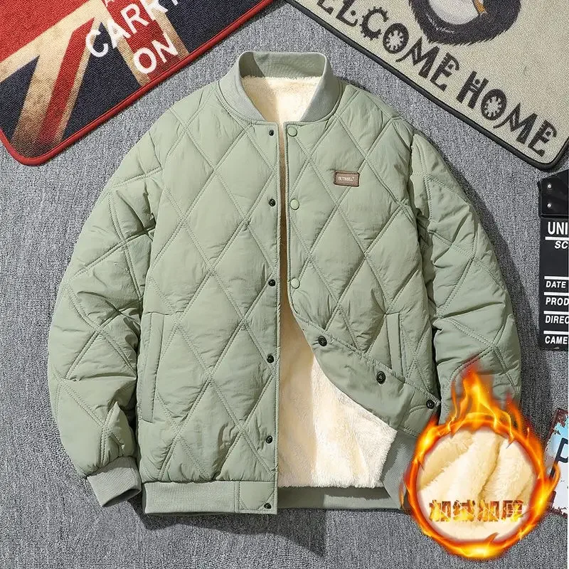 Men Winter Rhombus Cotton Padded Jacket Casual Thick Lambswool Lattice Versatile Unisex Coat Vintage Baseball Cold-proof Parka