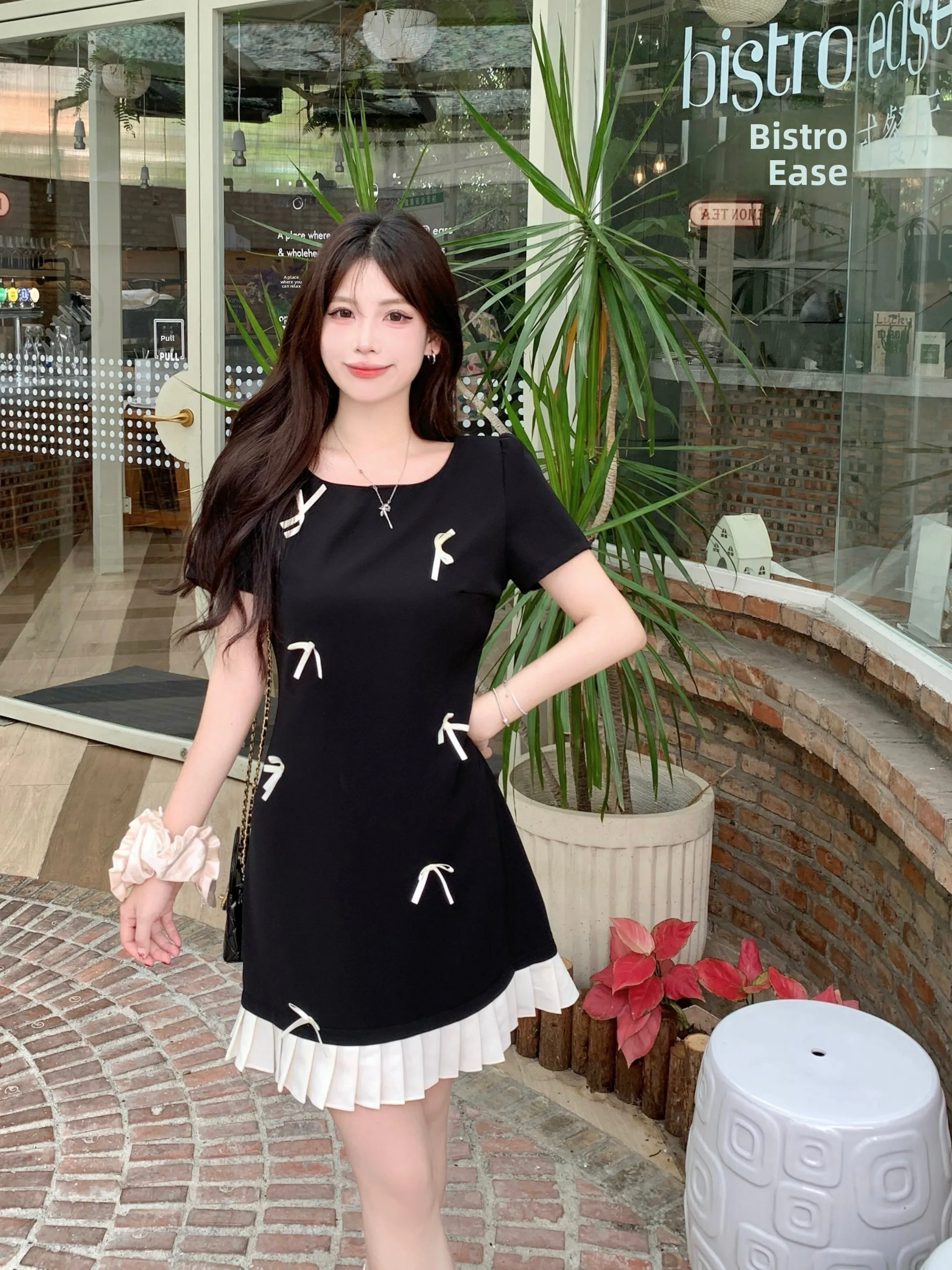 

plus Size Women's Summer ort Sve Dr Knot Waist Cinching Color Blo Anti-Aging Skirt Korean Sle High Waist