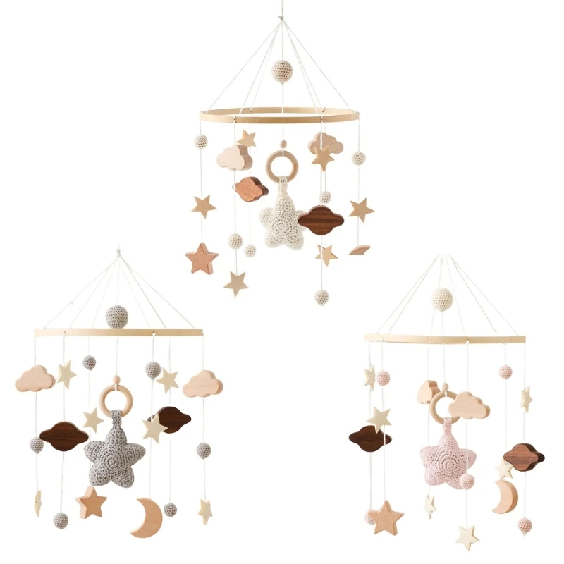 เปลเด็กน่ารักมือถือ Baby Mobile Star Moon Nursery Decor Boho- Crib Mobile Nursery แขวนเตียง เครื่องประดับไม้ D5QA