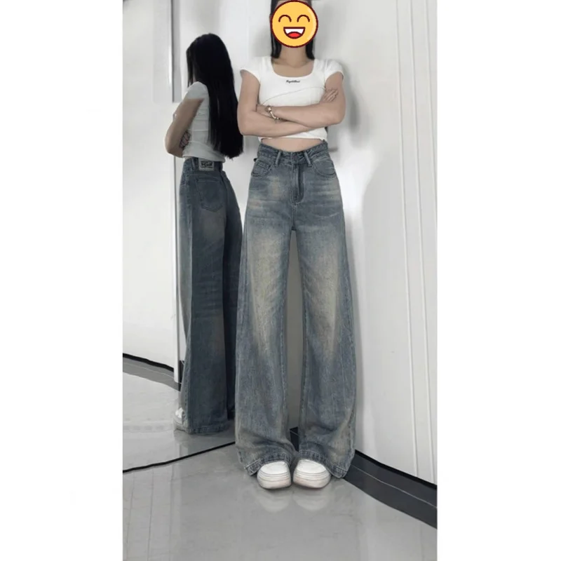 

Винтажные потертые широкие джинсы для женщин, мешковатые брюки в ковбойском стиле с высокой талией, свободные брюки в стиле ретро, брюки