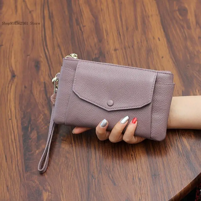 Genuine Leather Simple Pure Color Versatile Large Capacity Cowhide Korean Version Handheld Phone Bag for Women