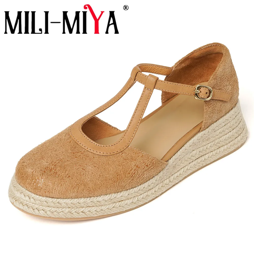 MILI-MIYA Women's Classic Round-Toe Full-Leather Casual Hollow-Heel Pumps In Solid Color Wedges Big Size 34-40 Handmade For Lady