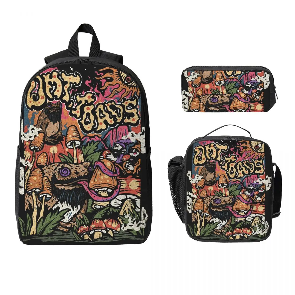 DMT Toads - Psychedelic Trippy Rave Art Backpack Student Boys Girls BookBag School Bag 3ps Insulated Lunch Bag Pencil Case