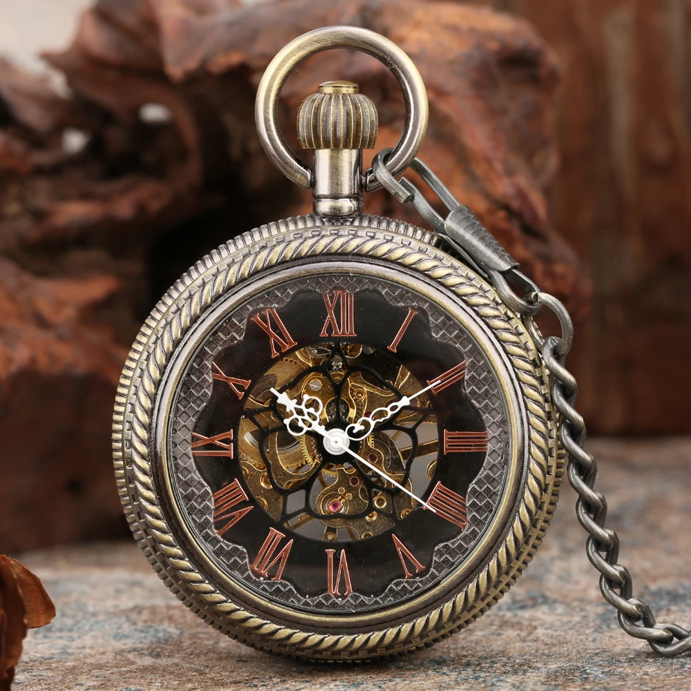 

Bronze Fob Chain Mechanical Pocket Watch Hand Winding Movement Vintage Transparent Glass Rose Gold Roman Numerals Dial Timepiece