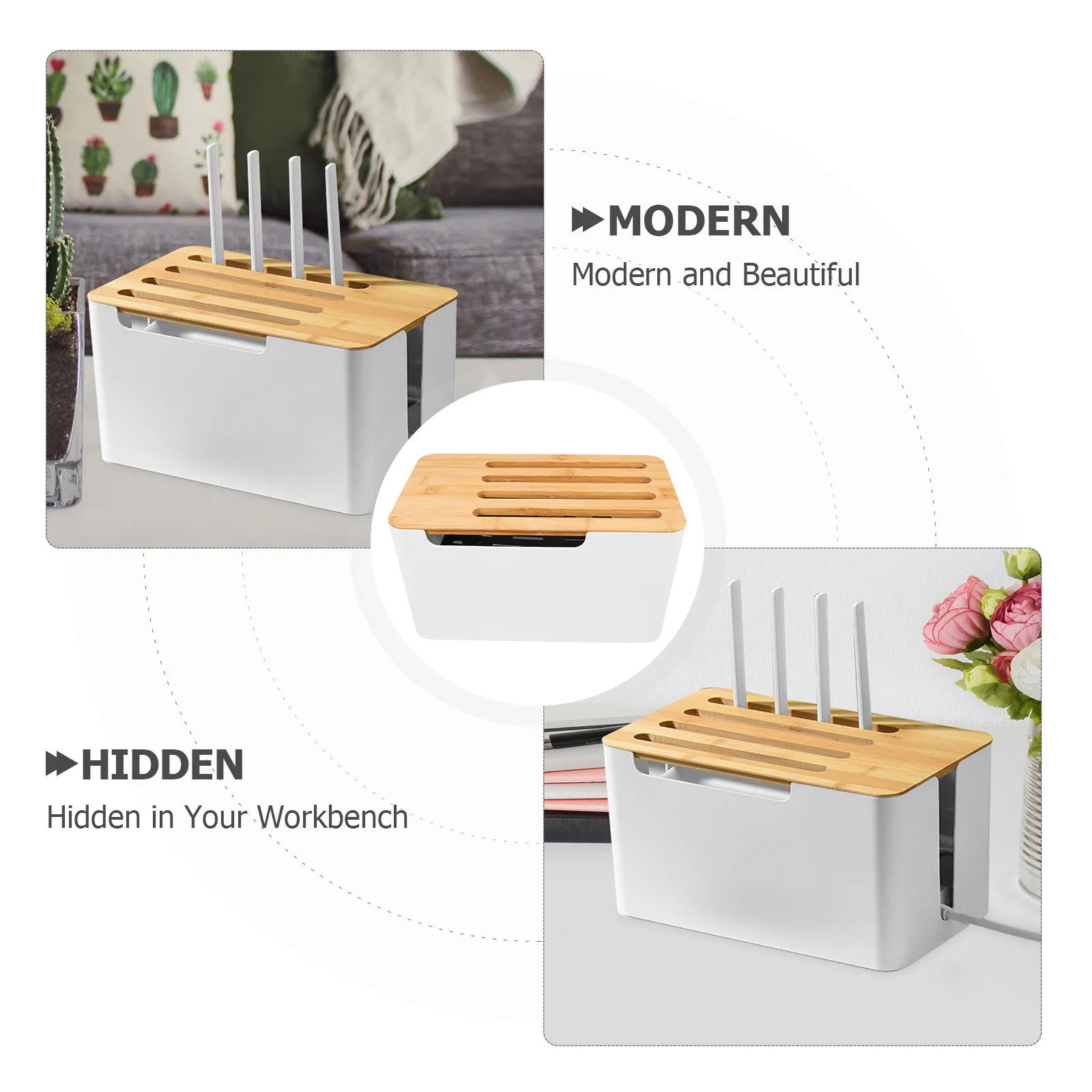 

Ящик для хранения кабелей, бамбуковый полипропиленовый материал, большое отверстие, съемный дизайн для розетки и органайзера для зарядного шнура, провод для домашнего стола