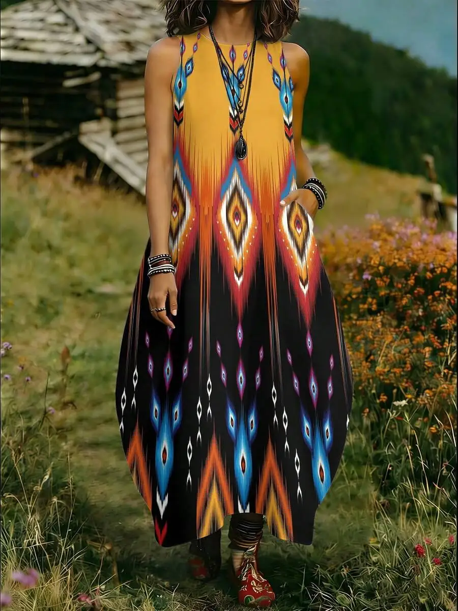 

Womens Sleeveless Tulip Dress With Geometric Diamond Pattern Vibrant Colors Casual