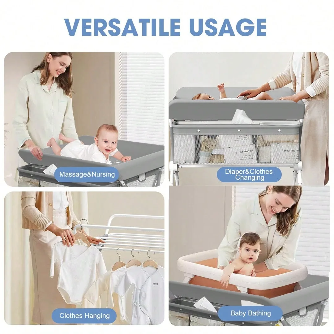 Sejoy 調節可能なベビーおむつ交換台 ロック可能なホイール付き 折りたたみ式スタンド 底部収納ボード付き 高めのフェンス