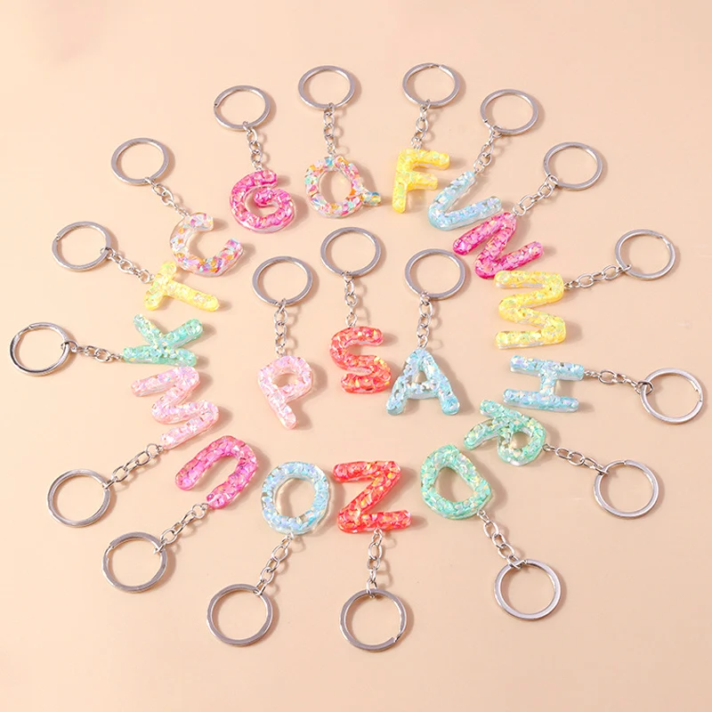 Colorful Resin Sequin Initials 26 Letters Keychains A-Z Alphabet Pendants Keyring Handbag Ornaments DIY Jewelry Gifts