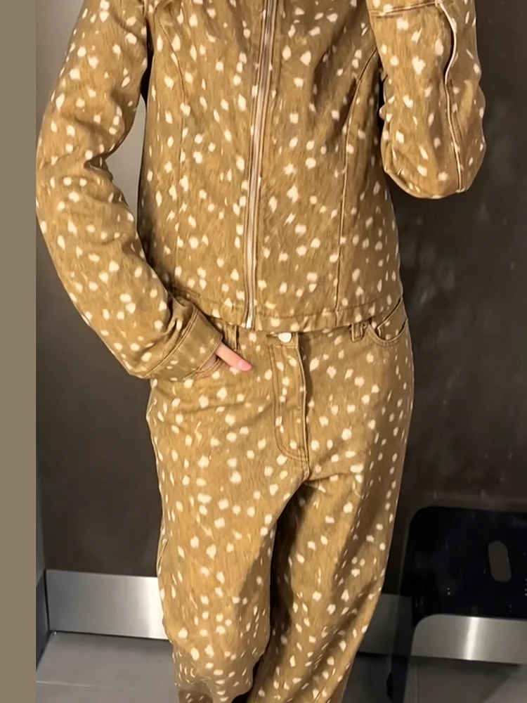 Retro Amerikanischer Hirsch-Punktdruck 2-Teiliges Outfit Reißverschluss-Jacke Knopflose Weite Hose 2026 Winter Neue Lässige Damen-Hosen-Sets – Detail 6