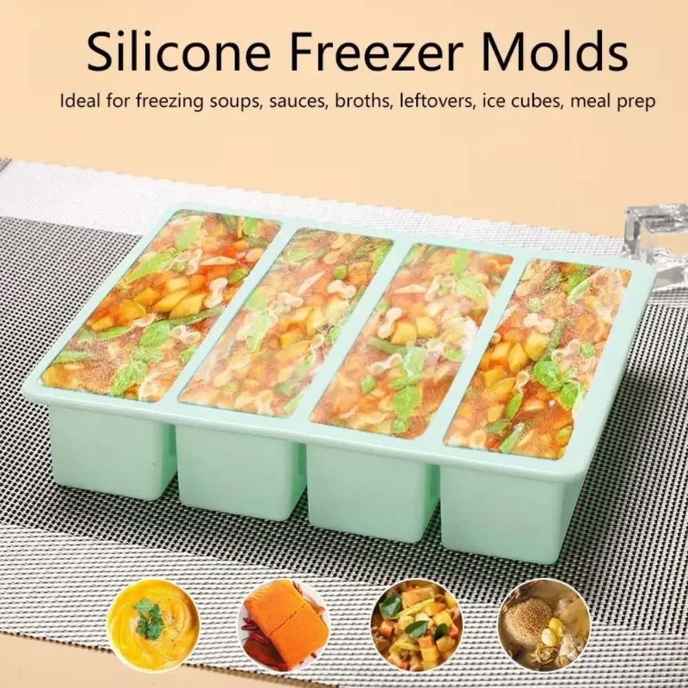 New 4 Grids Giant Storage For Food Meal Sauce With Lid Silicone Freezer Trays Extra Large Soup Ice Tray Food Freezing Molds Ice