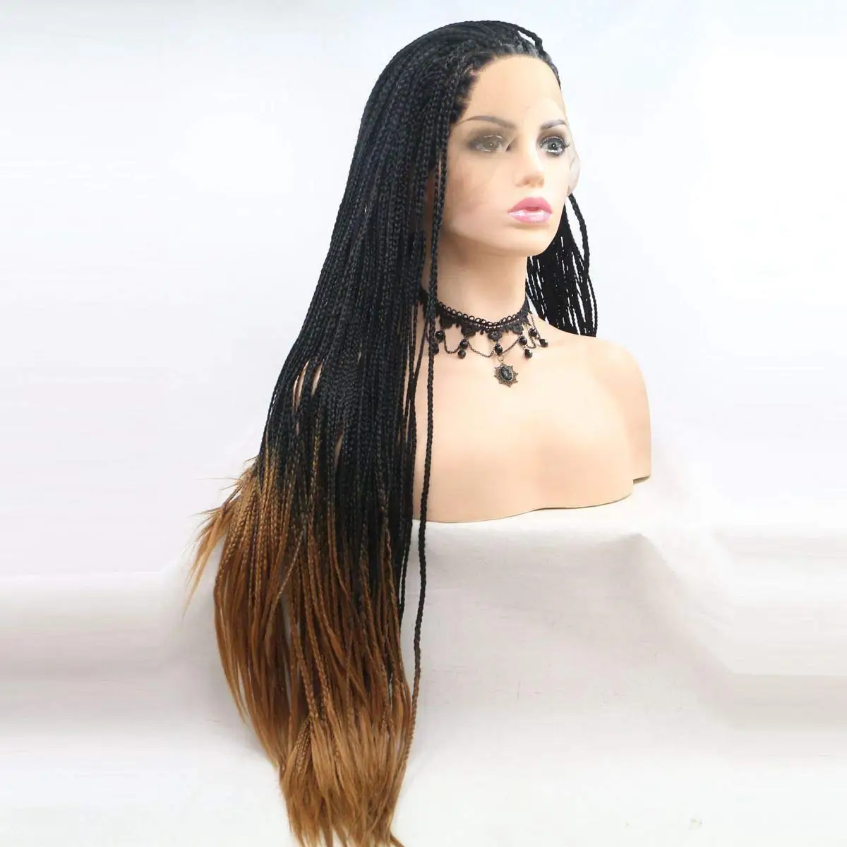 Sylvia Wigs Black to Brown Lace Frontal Synthetic Braid Hair Wig for Women Heat Resistant Fiber 24 Inch