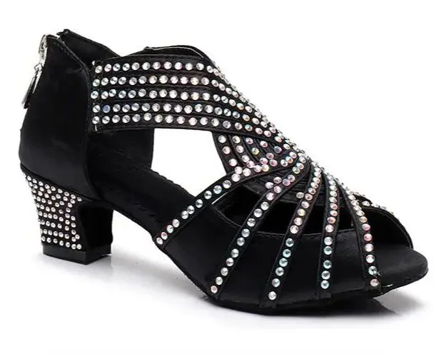 Customized Practice Women Dance Shoes Black Rhinestone Latin Salsa Ballroom Shoes Ladies Low Heel Girls Party Dancing Shoes