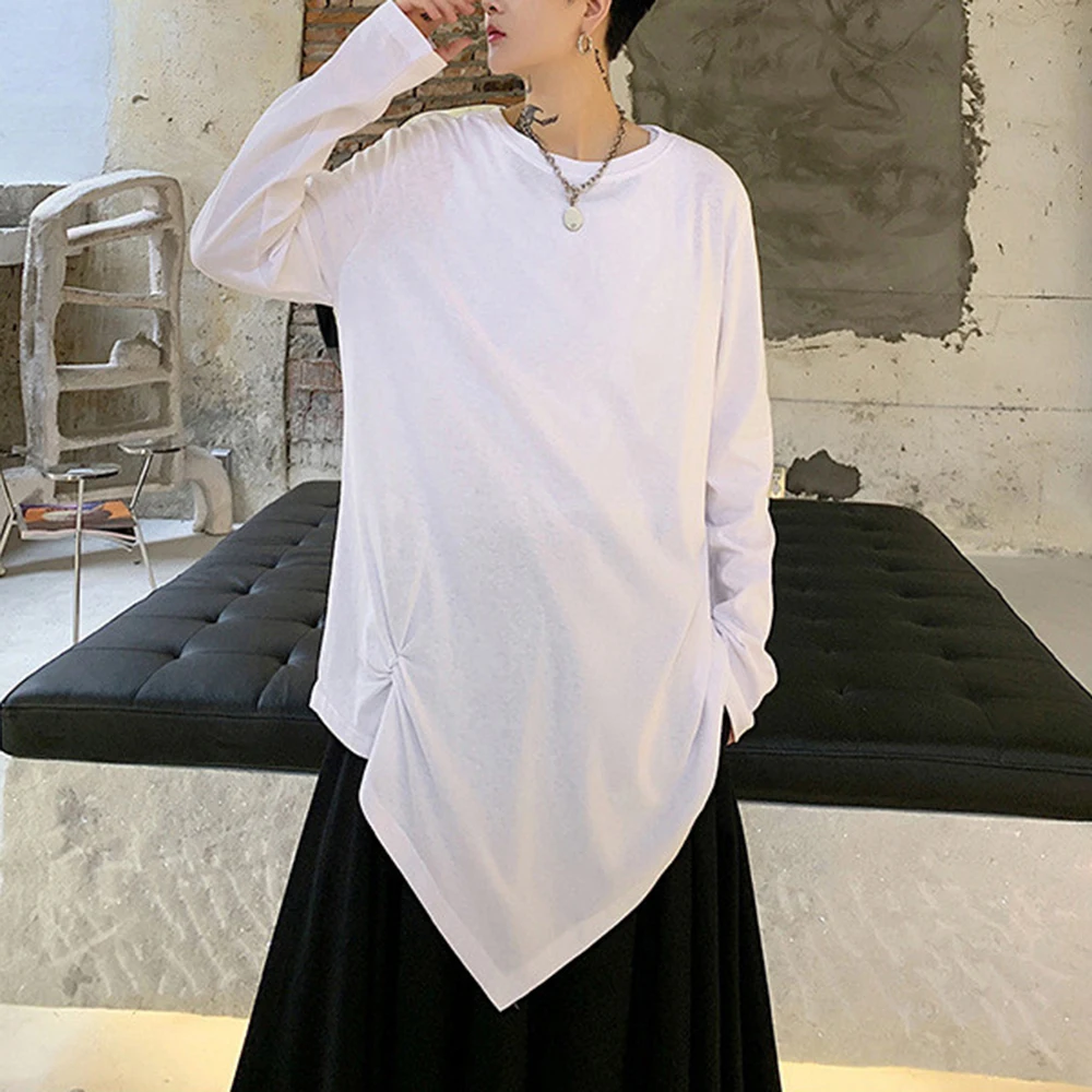 Mens Y2k Irregular Design Plain Tee Streetwear Fashion Nightclub Stage Niche Japanese Youth Trend Loose Long Sleeve Top 2026
