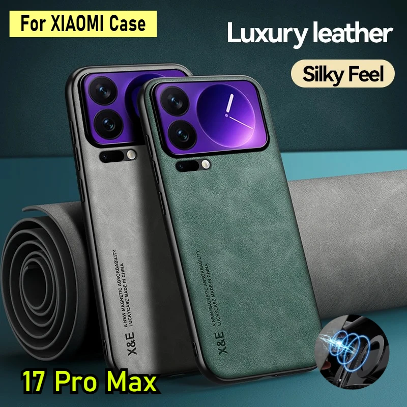 حافظة مغناطيسية فاخرة للسيارة مصنوعة من الجلد لهاتف Xiaomi 17 Pro Max 15 14 T Pro 13 12 من السيليكون الناعم المقاوم للصدمات Funda