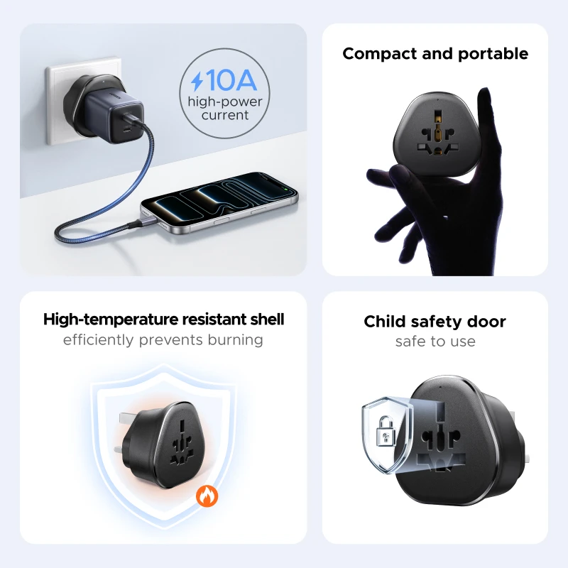 UGREEN Universal Travel Adapter Multi-Country Power Adapter UK/US/EU Plug Converter Compatible with UK US EU KR RU Outlets