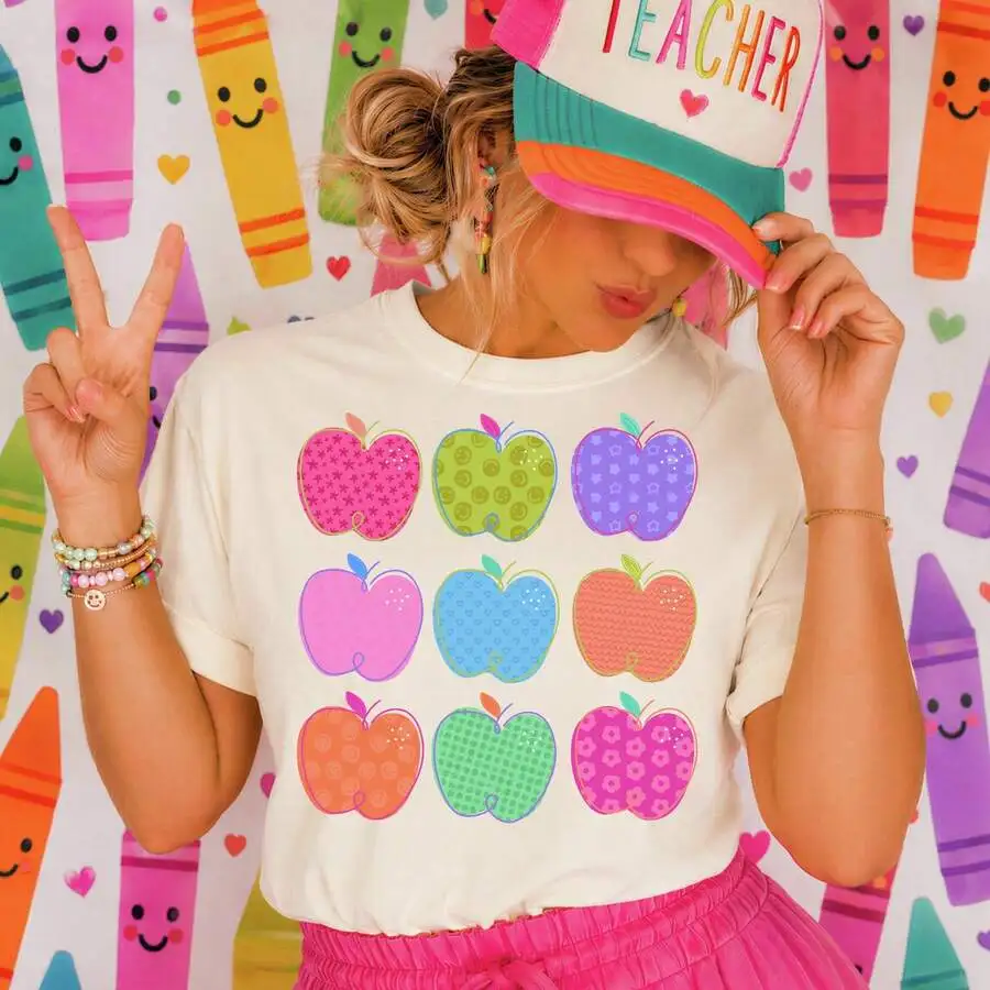 Women's Back‑To‑School Season Preppy Style Girly Graffiti Hand‑Drawn Graphic Print T‑Shirt Crew Neck Short Sleeve Casual Tee Top