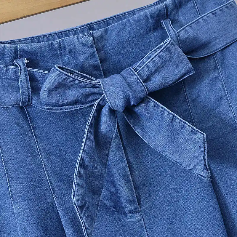 Pantalones vaqueros de seda de hielo azul para mujer, pantalones Harun holgados de cintura alta con lazo y cordones, pantalones vaqueros holgados informales de gran tamaño S-3XL