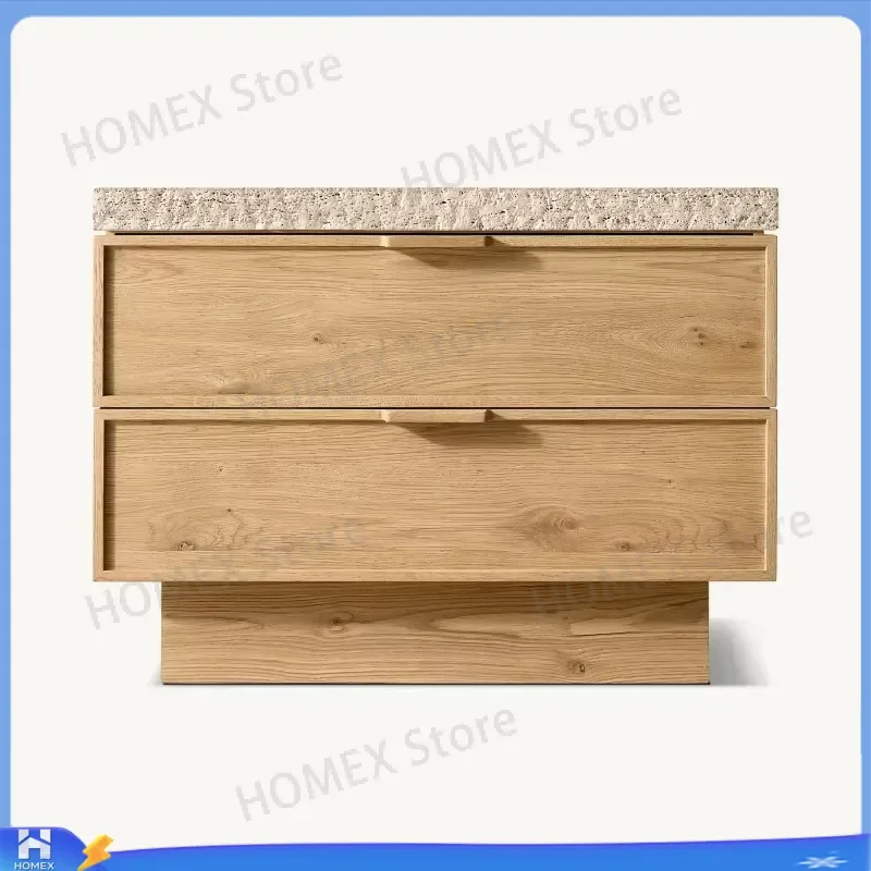 Modern 2 Drawer Bedside Table Travertine Top Solid Wood Nightstand Enclosed Storage Side Table for Bedroom Living Room