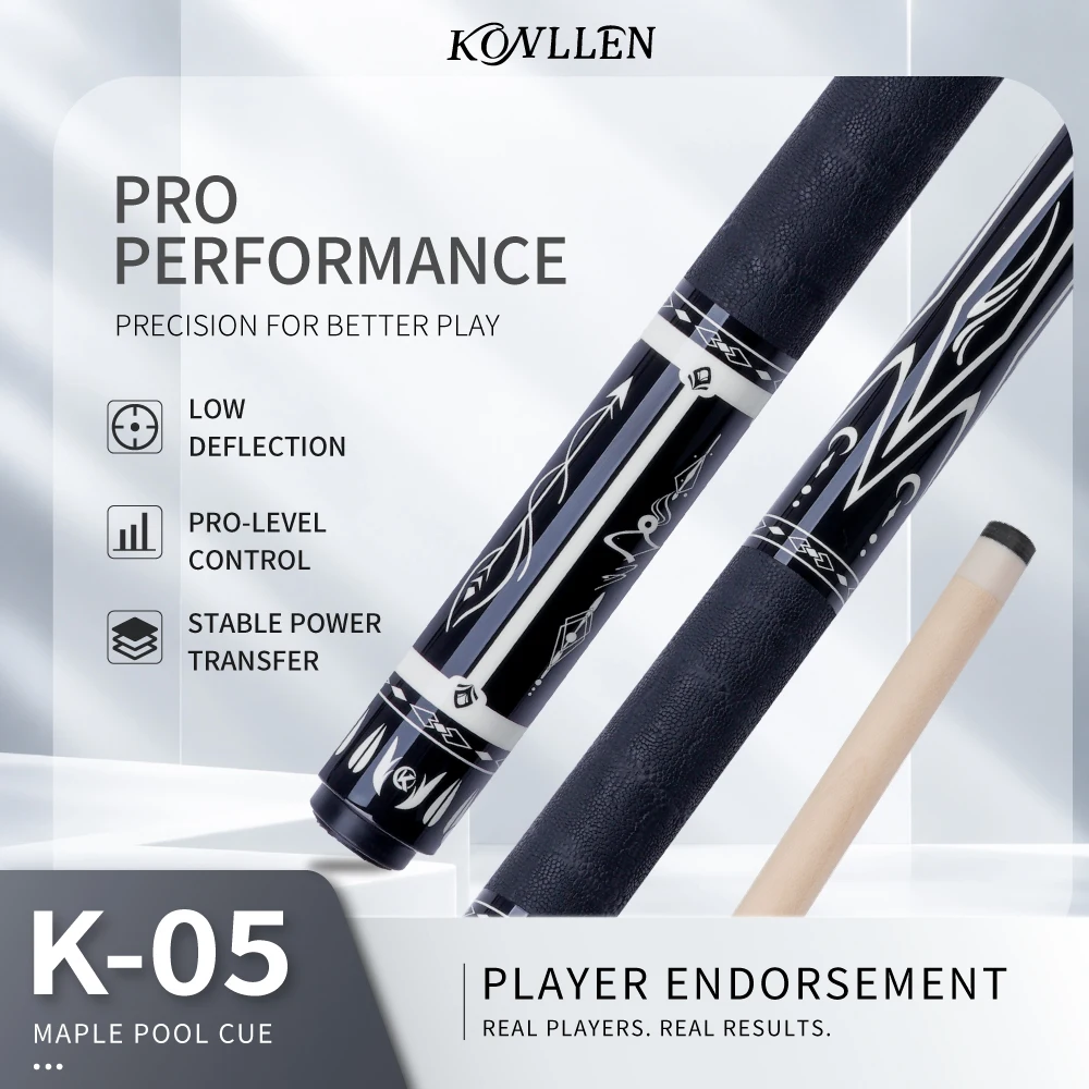 KONLLEN Maple Pool Cue K-05 Series, Professional Low Deflection Billiard Cue Stick, Ultra-Smooth Inner Carbon Tube with 12mm Cue