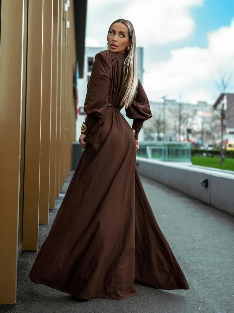 Elegant Brown Pleated Long Sleeve Dress with Deep V-Neck and Waist Cinch  Women's Wedding Formal Dinner Christmas Gown Vestidos - AliExpress 200000345