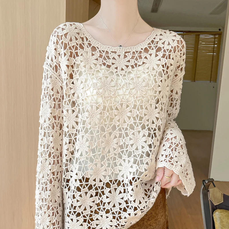 100% pure kasjmier damestrui, ronde hals, hol, comfortabel en los, nieuwe stijl voor lente en zomer 2025