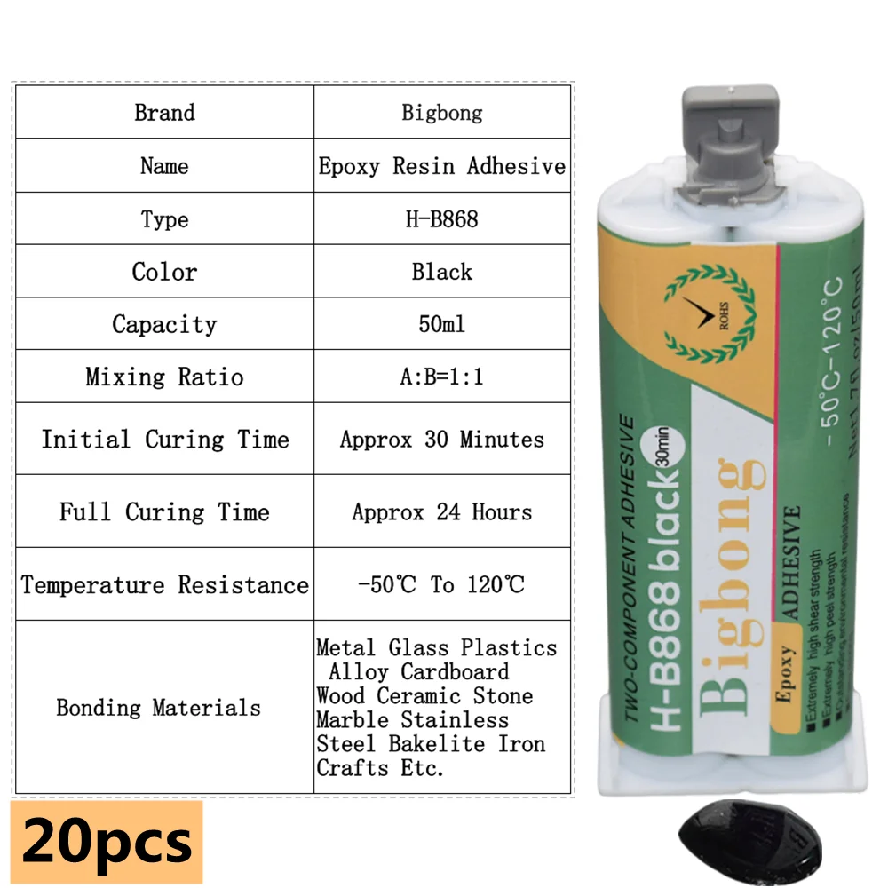 20 Stück 50 ml schwarzer Epoxidharz, starker AB-Kleber -50 ℃ -120 ℃ Doppelkomponenten-Strukturklebstoff 1:1 für 50ml 1:1 Klebepistole – Detail 1