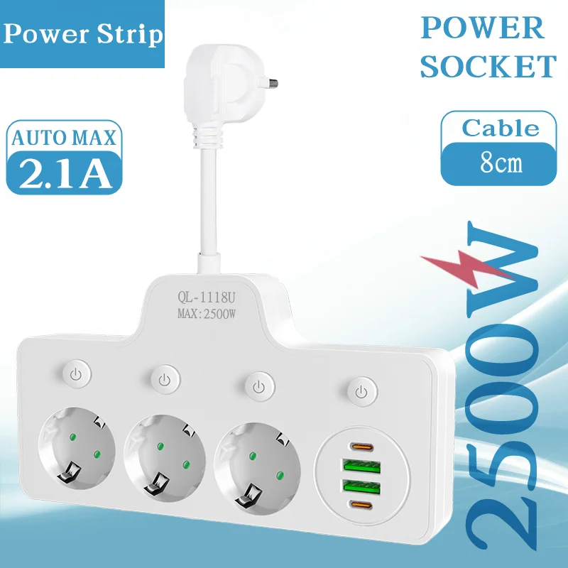 

8cm Power Cord European Standard Power Strip with 2*USB 2*USB-C Charging Ports, 3 AC Outlets Independent Control Power Socket
