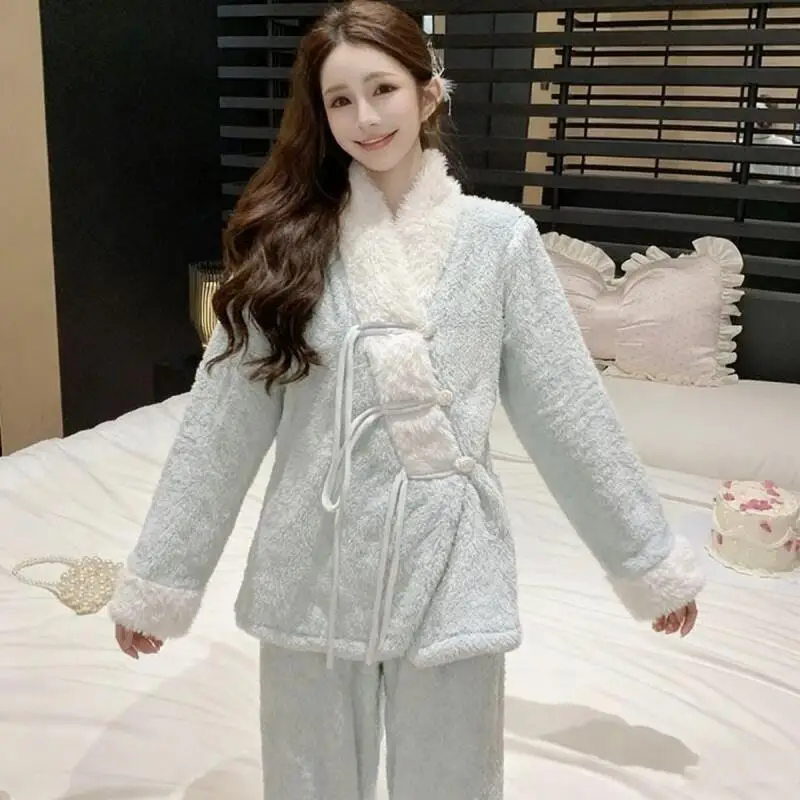 

Pajama Set New Chinese Style Sleepwear With Chinese Style 2025 New Autumn and Winter Coral Sleepwear Fashion Homewear Pants Sets