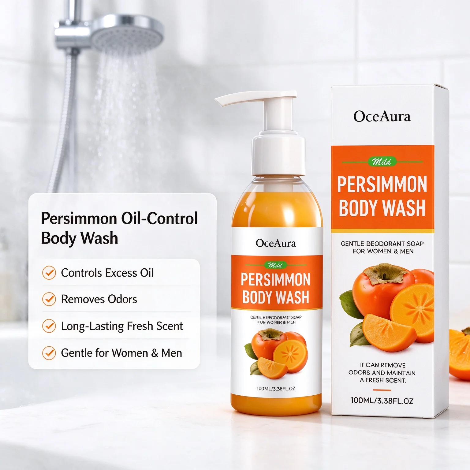 Persimmon Scent Oil Control Shower Gel Long Lasting Fragrance Deep Clean Body Wash For Men Women