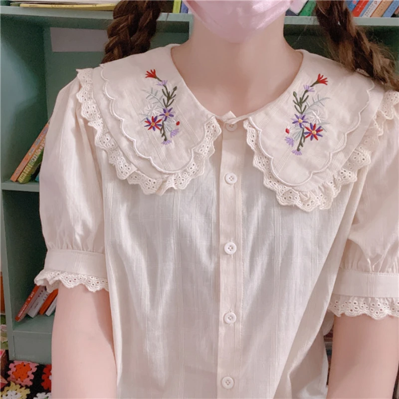 Summer Kawaii Lolita Blouses Women Cute Lace Ruffles Floral Embroidery Chic Shirts Sweet Girl Japanese Short Sleeve Blusas Mujer