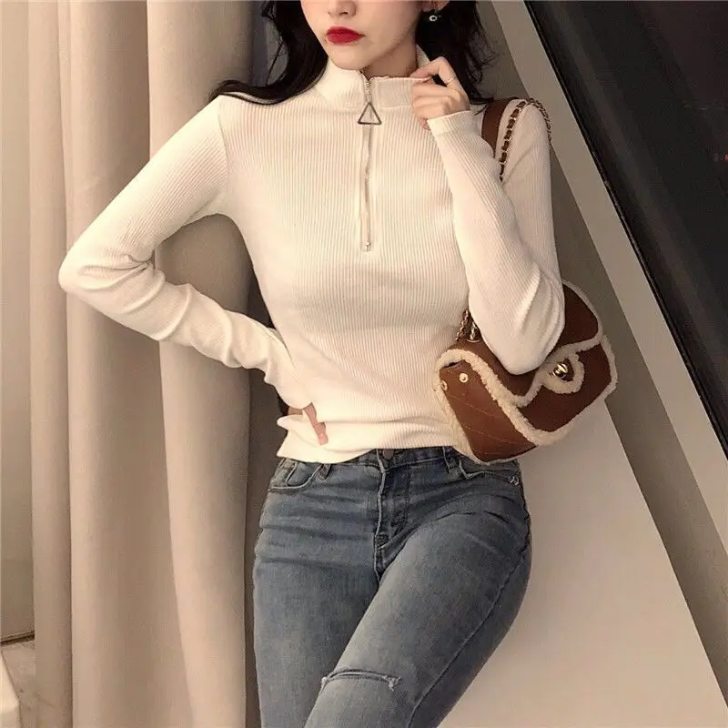 2023 nueva Base de punto para mujer con cremallera irt cuello alto ajustado largo Sve Top Faionable coreano Sle viaje viento camiseta