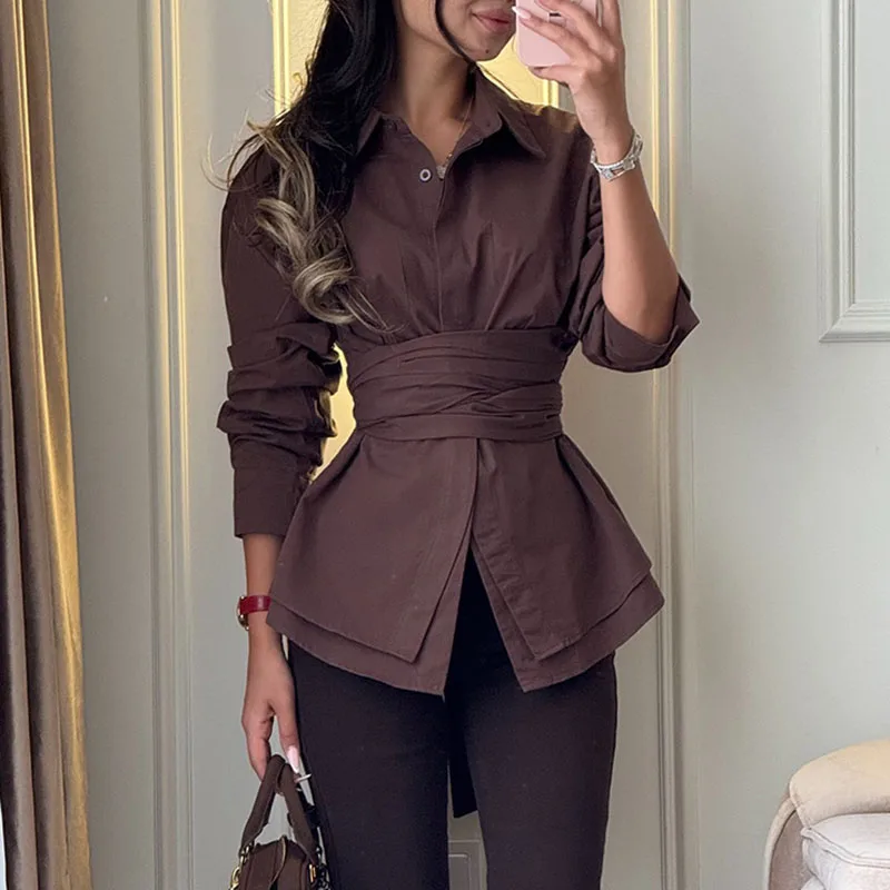 

Новая женская блузка с длинным рукавом, однотонная, с отложным воротником, приталенная, для весны и лета, в деловом стиле, для офиса